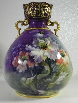 Royal Bonn Germany Porcelain Vase 9 " Handles Hand Painted Florals Poppies Exc
