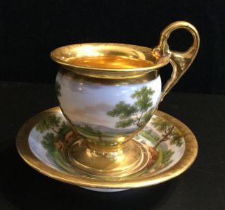 4 French Imperial 19thc Antique Vieux Old Paris Porcelain Cup Saucer Gilded