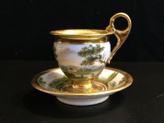 2 French Imperial 19thc Antique Vieux Old Paris Porcelain Cup Saucer Gilded