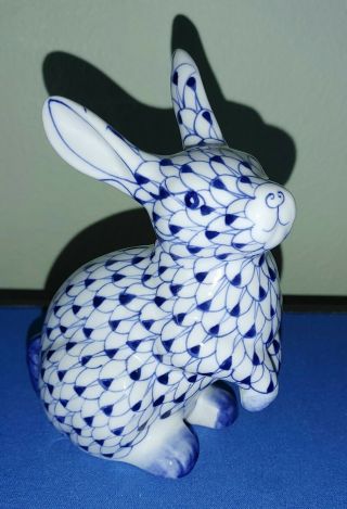 Andrea By Sadek Blue & White Porcelain Rabbit,  Fishnet Pattern,  Hand Painted