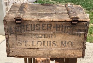Vintage Anheuser Busch Budweiser Wooden Beer Crate Hinged Lid 100yr.  Anniversary