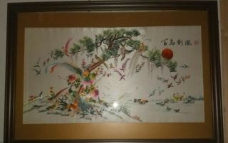 Signed Vintage Fine Chinese Canton Yue Silk Embroidery 100 Birds Framed