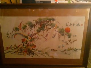 Signed Vintage Fine Chinese Canton Yue Silk Embroidery 100 Birds Framed 2
