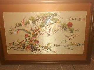 Signed Vintage Fine Chinese Canton Yue Silk Embroidery 100 Birds Framed 3