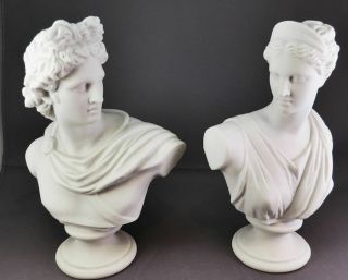 Fine Pair Antique Parian Ware Busts Of Greek God And Goddess Apollo And Diana 7