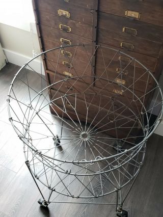 AWESOME Vintage Collapsible WIRE METAL BASKET STAND Laundry Cart 30” h 23” dia 3