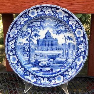 American Historical Staffordshire Blue Plate,  Boston State House,  Marked Rogers