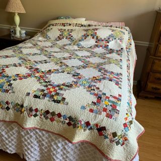 Vintage Quilt Triple Irish Chain Hand Quilted Shabby Chic Cottage Farmhouse