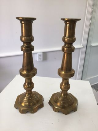 Vintage Pair Solid Brass Candle Holders Octagonal Base,  11 Inches Tall