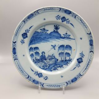 18th Century English Blue & White Delftware Chinese Pattern Plate