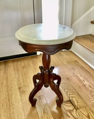 Vintage Wood Base & Marble Made In Italy Top 20” Tall Plant/drink Stand Table