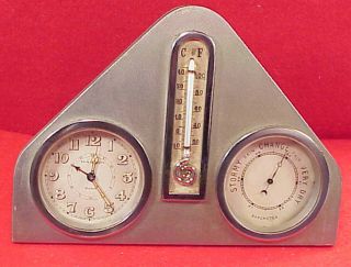 Vintage Walton Lemania Alarm Swiss Art Deco Barometer Thermometer 8 Day Clock