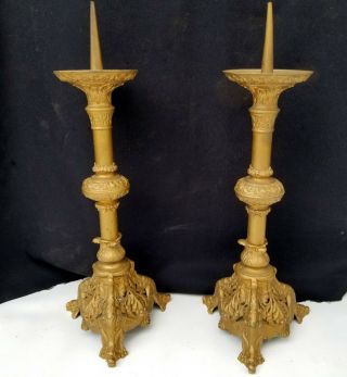 Vtg Pair Gothic Gargoyle Brass Religious Altar Church Candlesticks Candelabra