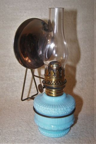 Fine Antique Miniature Oil Lamp W Reflector - Blue Milk Glass,  Katy Did - Estate