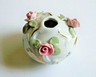 Vintage Miniature Porcelain Wedo Bud Vase With Applied Roses & Painted Flowers