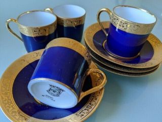 Set Of 4 Antique Limoges Cobalt Blue Gold Porcelain Demitasse Cup & Saucer