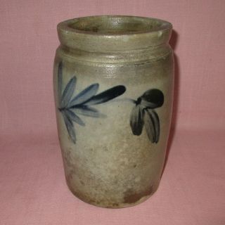 Antique 19th C Stoneware Flower Decorated Small Pennsylvania Jar Crock 8.  75 