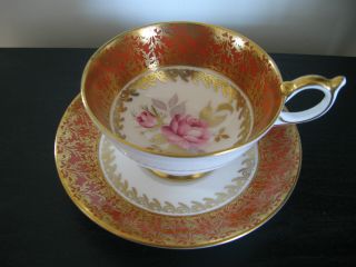 Aynsley Orange Gold Chintz Pink Cabbage Rose China Tea Cup & Saucer