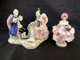 2 Antique Dresden Porcelain Lace Figurines.  Marked Bottom