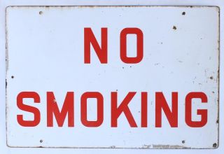 A Vintage Enamel No Smoking Sign Circa 1970 White & Red Industrial Old