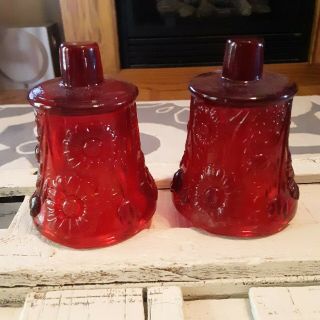 Vintage Pair Ruby Red Peg Votive Cup Sconce Candle Holders Ornate Thick Glass