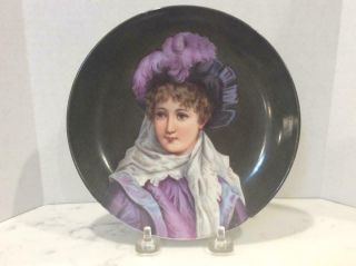 Antique Hand Painted Porcelain Portrait Plate,  Pretty Young Woman In Plumed Hatt