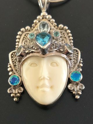 Vintage Sajen Goddess Pin Pendant On Chain,  Bone Face Aquamarine,  Blue Topaz