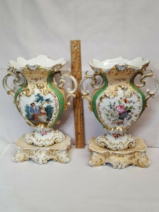 Pr.  Antique Signed Jacob Petit Porcelain Vases W/floral & Couple Scene 10 3/4 " H