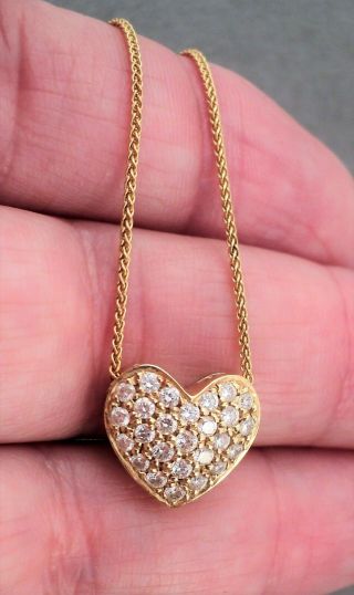 Vintage 14k Gold Pavé Diamond Heart Slide Pendant On 14k Gold Chain - Estate Find