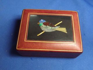 Vintage Italian Florentine Pietra Dura Mosaic Bird On Leather Box Made In Italy
