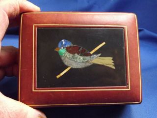 Vintage Italian Florentine Pietra Dura Mosaic Bird on Leather Box Made In Italy 2