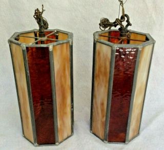 Vintage Pair 8 Panel Slag Glass Hanging Light Pendants - Amber And Rust - Exc
