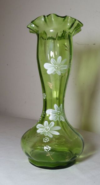 Vintage Bohemian Green Glass Hand Blown Painted Enamel Bud Vase Mary Gregory