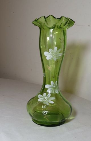 Vintage bohemian green glass hand blown painted enamel bud vase Mary Gregory 2