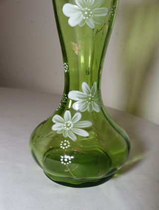 Vintage bohemian green glass hand blown painted enamel bud vase Mary Gregory 3