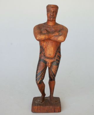 Vintage Wood Hand Carved Figurine - Tattooed Nude Man 10” Tall
