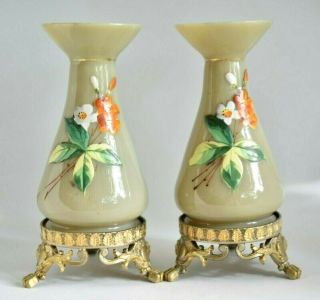 Antique Miniature French Painted Opaline Glass Victorian Ormolu Vases