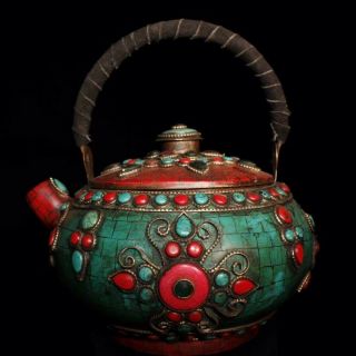 Chinese Antique Tibetan Style Old Copper Inlaid Gem Teapot