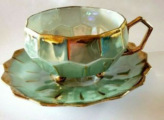 Vintage Royal Sealy Tea Cup & Saucer Iridescent Green And Gold Honeycomb