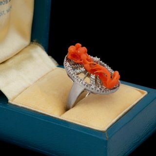 Antique Vintage Art Deco 18k Gold Chinese Carved Momo Coral Diamond Ring Sz 5.  5