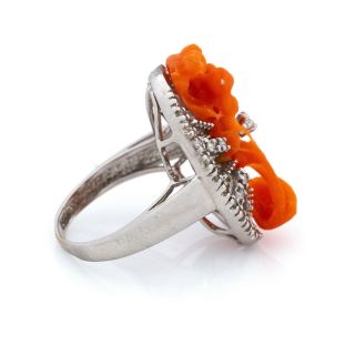 Antique Vintage Art Deco 18k Gold Chinese Carved Momo Coral Diamond Ring Sz 5.  5 3