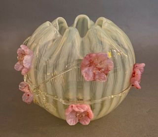 Stevens & Williams English Opalescent Art Glass Rose Bowl W Pink Flowers 5 - 1/2 "