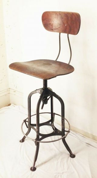 Vtg Antique Tall Wood & Metal Industrial Factory Drafting Stool Adjustable Chair