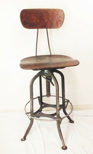 Vtg antique tall wood & metal industrial factory drafting stool adjustable chair 2