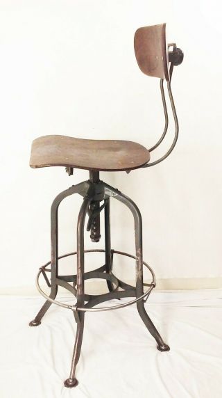 Vtg antique tall wood & metal industrial factory drafting stool adjustable chair 3