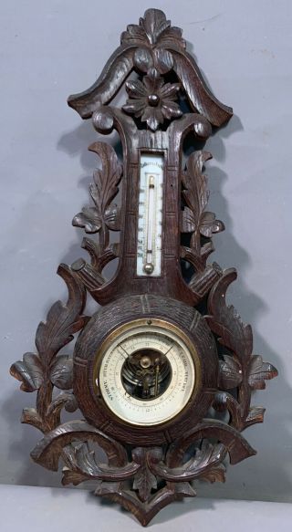 Antique German Old Black Forest Style Carved Wood Weather Station Barometer