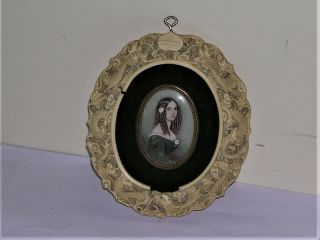 Miniature Portrait Oval Disc Lady Brown Ringlets Roses Later Frame Oriental
