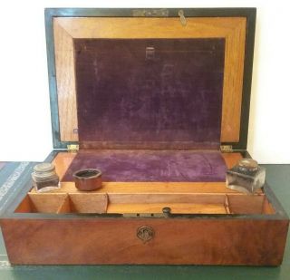 Antique Wood Travel Desk,  Document Box W/ Key,  Velvet Pad,  Ink Bottles 1800 