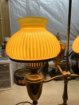 Large Antique/Vtg Yellow Cased Ribbed Glass Brass Double Student Desk Table Lamp 2