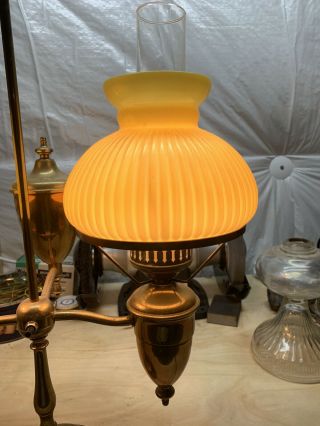 Large Antique/Vtg Yellow Cased Ribbed Glass Brass Double Student Desk Table Lamp 3